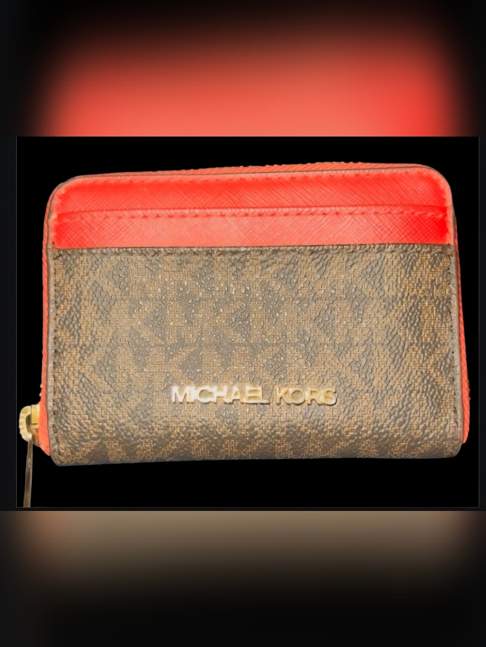 Michael Kors Brown MK Monogram Wallet Card Holder with Orange Trim